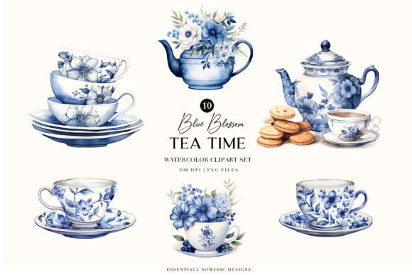 Elevate Your Designs with the Watercolor Blue Tea Party and Blue Blossom Tea Time Clipart Sets